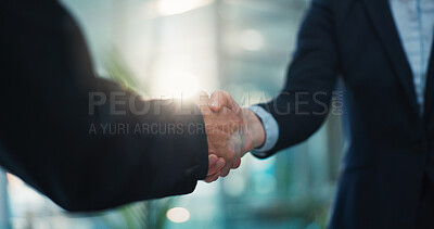 Buy stock photo Handshake, thank you and welcome with business people in office for agreement or partnership. B2B, contract and meeting with employee team shaking hands in workplace for deal, hiring or recruitment