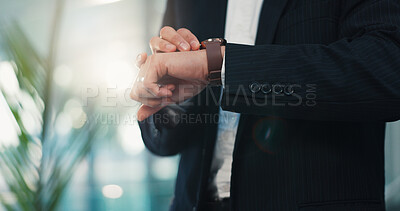 Buy stock photo Businessman, hands or checking time with watch for schedule appointment, delay or waiting in office. Closeup, man or employee with wristwatch for procrastination, reminder or deadline in workplace