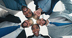Portrait, below and business people huddle for teamwork, corporate support or collaboration. Smile, low angle or group of employees together in circle for laughing, cooperation or diversity in office