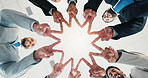 Star hands, circle and business people in office for solidarity, unity or teamwork motivation. Collaboration, cooperation and group of employees with fingers together for partnership from below.