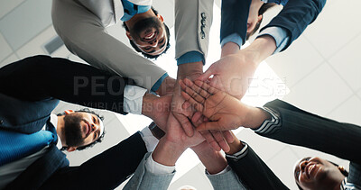Buy stock photo Team building, below and business people stack hands for corporate support or collaboration. Smile, low angle and group of employees together in circle for cooperation, diversity or mission in office