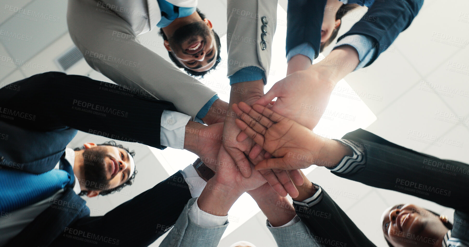 Buy stock photo Team building, below and business people stack hands for corporate support or collaboration. Smile, low angle and group of employees together in circle for cooperation, diversity or mission in office