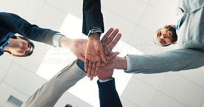 Buy stock photo Team building, low angle and business people pile hands for support, target and connection. Stack, below and group of employees together in circle for cooperation, motivation and mission in office