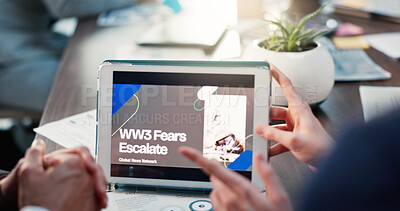Buy stock photo Hands, tablet and screen at meeting, discussion and financial strategy for war, global tension and trading. People, tech and ux for analysis, point and review with international conflict at office