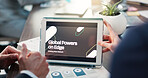 Hands, tablet and screen at meeting, office and financial strategy for global power, tension or war. People, tech and ux with analysis, breaking news or research for international trade at company