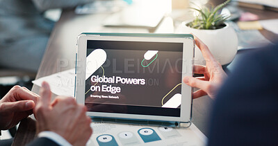 Buy stock photo Hands, tablet and screen at meeting, office and financial strategy for global power, tension or war. People, tech and ux with analysis, breaking news or research for international trade at company