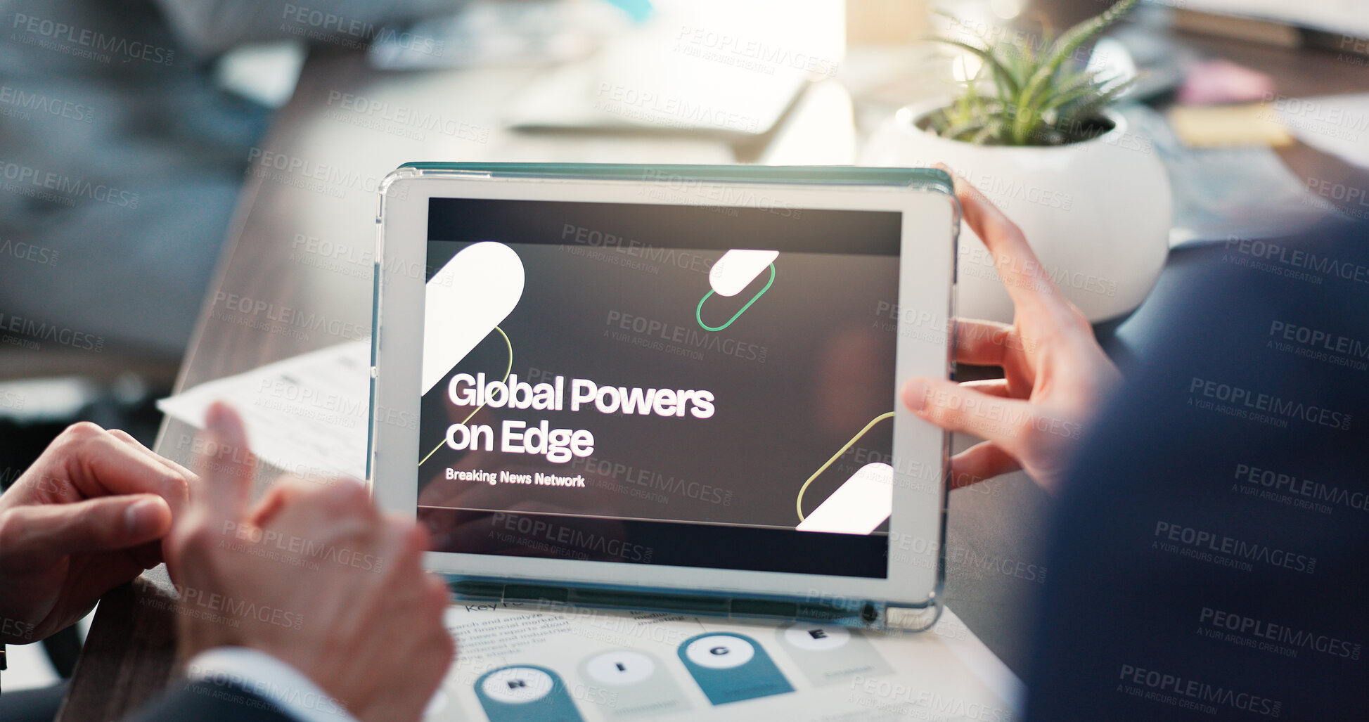 Buy stock photo Hands, tablet and screen at meeting, office and financial strategy for global power, tension or war. People, tech and ux with analysis, breaking news or research for international trade at company
