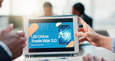 Buy stock photo Hands, people and meeting with tablet screen in office for trade war in US or China. Staff, team and presentation on global economic impact, foreign investment and conflict restriction of new tariffs