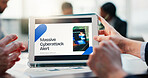 Business people, hands and cybersecurity with tablet screen for threat detection, alert or attack. Group, employees or meeting with technology display or app for network safety or security meassure