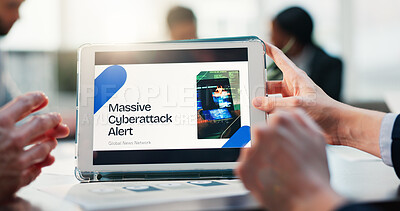 Buy stock photo Business people, hands and cybersecurity with tablet screen for threat detection, alert or attack. Group, employees or meeting with technology display or app for network safety or security measure