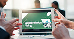 Business people, hands or meeting with tablet screen for global inflation or economic rising. Employees, group or team with technology display, news or network for financial difficulty or downturn