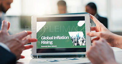 Buy stock photo Business people, hands or meeting with tablet screen for global inflation or economic rising. Employees, group or team with technology display, news or network for financial difficulty or downturn
