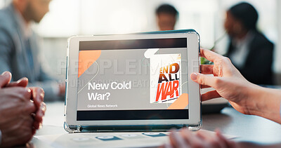 Buy stock photo Hands, people and presentation with tablet screen in office for question on New Cold War. Staff, team and meeting on global economic impact, international conflict and raise awareness of rivalry risk