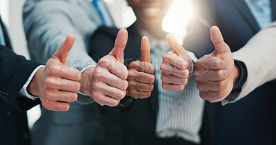 Buy stock photo Thumbs up, team and hands of business people for support, success and approval in office. Professional, corporate and workers with emoji, gesture and yes sign for agreement, achievement and feedback