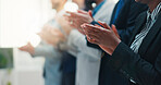 Business, hands or people with clapping in seminar for company achievement, celebration or success. Corporate, workshop and audience with applause in office for support, group training and good news