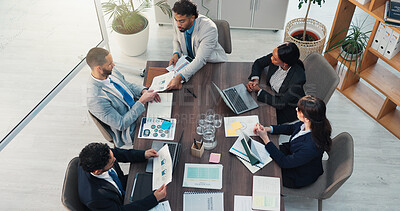 Buy stock photo Boardroom, colleagues and people with documents, discussion and meeting for data analysis and stats. Collaboration, group and financial analyst with paperwork for market research, above or planning