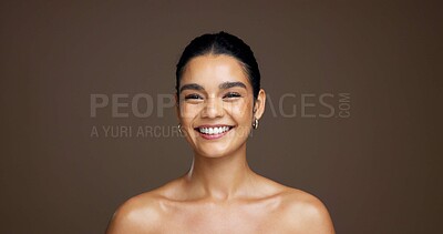 Buy stock photo Portrait, glow and skincare with happy woman in studio for beauty, natural aesthetic or shine. Face, smile or female model with cosmetics for dermatology, self care or skin health on background space