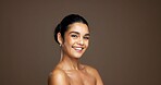 Portrait, aesthetic and skincare with happy woman in studio for beauty, natural glow or shine. Face, smile and female model with cosmetics for dermatology, self care or attractive on background space