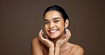 Beauty, happy woman and portrait in studio for natural skincare, dermatology or hands on background. Healthy glow, wellness and antiaging cosmetics with space, clean skin or self care treatment