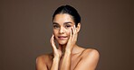 Portrait, beauty and skincare with woman for glow, natural moisturizer or hydration in studio. Face, smile or model with cosmetics for dermatology, self care or collagen treatment on background space