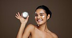 Beauty, skincare portrait and woman with face cream for anti aging treatment, hydration and routine. Mockup, person and happy with moisturizer product on studio background for skin glow and self care