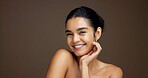 Beauty, woman and portrait for natural skincare, dermatology or cosmetics on studio background. Healthy glow, wellness and antiaging cosmetology with space, clean skin or self care treatment
