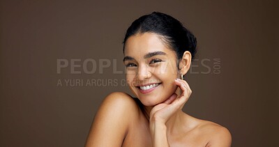 Buy stock photo Beauty, woman and portrait for natural skincare, dermatology or cosmetics on studio background. Healthy glow, wellness and antiaging cosmetology with space, clean skin or self care treatment