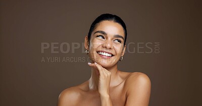 Buy stock photo Thinking, woman and happy with skincare, shine and cosmetics for smooth skin, glow and mockup space. Studio background, reflection and person with smile for beauty, dermatology and facial treatment