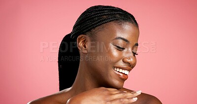 Buy stock photo Black woman, smile and touch for skincare with confidence, satisfaction and calm. Person, space and happiness on studio background for dermatology, cosmetics and natural texture with smooth skin