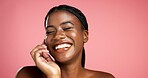 Space, happy or black woman in pink background with skincare, treatment or healthy glow. Confident, mockup or African female person isolated in studio with smooth texture, beauty shine or cosmetics