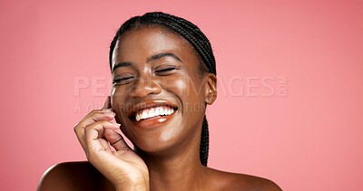 Buy stock photo Space, happy or black woman in pink background with skincare, treatment or healthy glow. Confident, mockup or African female person isolated in studio with smooth texture, beauty shine or cosmetics