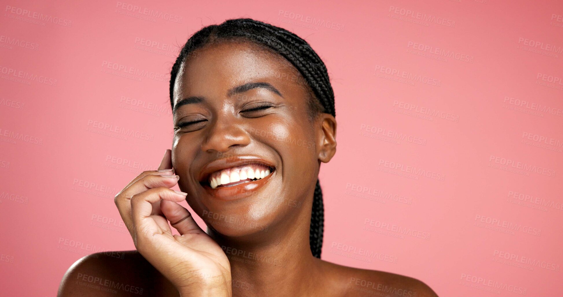 Buy stock photo Space, happy or black woman in pink background with skincare, treatment or healthy glow. Confident, mockup or African female person isolated in studio with smooth texture, beauty shine or cosmetics