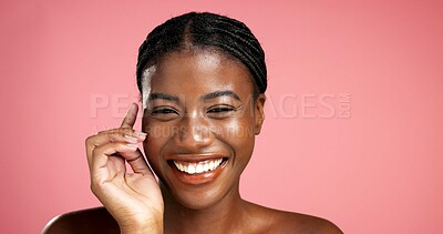Buy stock photo Portrait, beauty and black woman with smile, skincare and facial treatment for healthy skin or glow. Happy, person and cosmetics for wellness, studio background and shine of face or mockup space