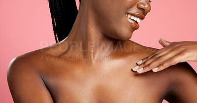 Buy stock photo Bodycare, woman and smile for smooth skin, shine and self care with cosmetics, wellness and healthy. Studio background, happy and black person with glow, dermatology and treatment for skincare