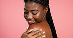 Skincare, woman and smile for smooth skin, self care and shine with cosmetics, wellness and healthy. Studio background, happy and black person with glow for bodycare, mockup space and dermatology