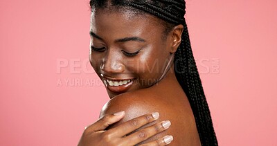 Buy stock photo Skincare, woman and smile for smooth skin, self care and shine with cosmetics, wellness and healthy. Studio background, happy and black person with glow for bodycare, mockup space and dermatology