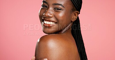 Buy stock photo Portrait, woman and smile for smooth skin, bodycare and self care with cosmetics, wellness or shine. Studio background, happy and glow with skincare for black person, mockup space and dermatology