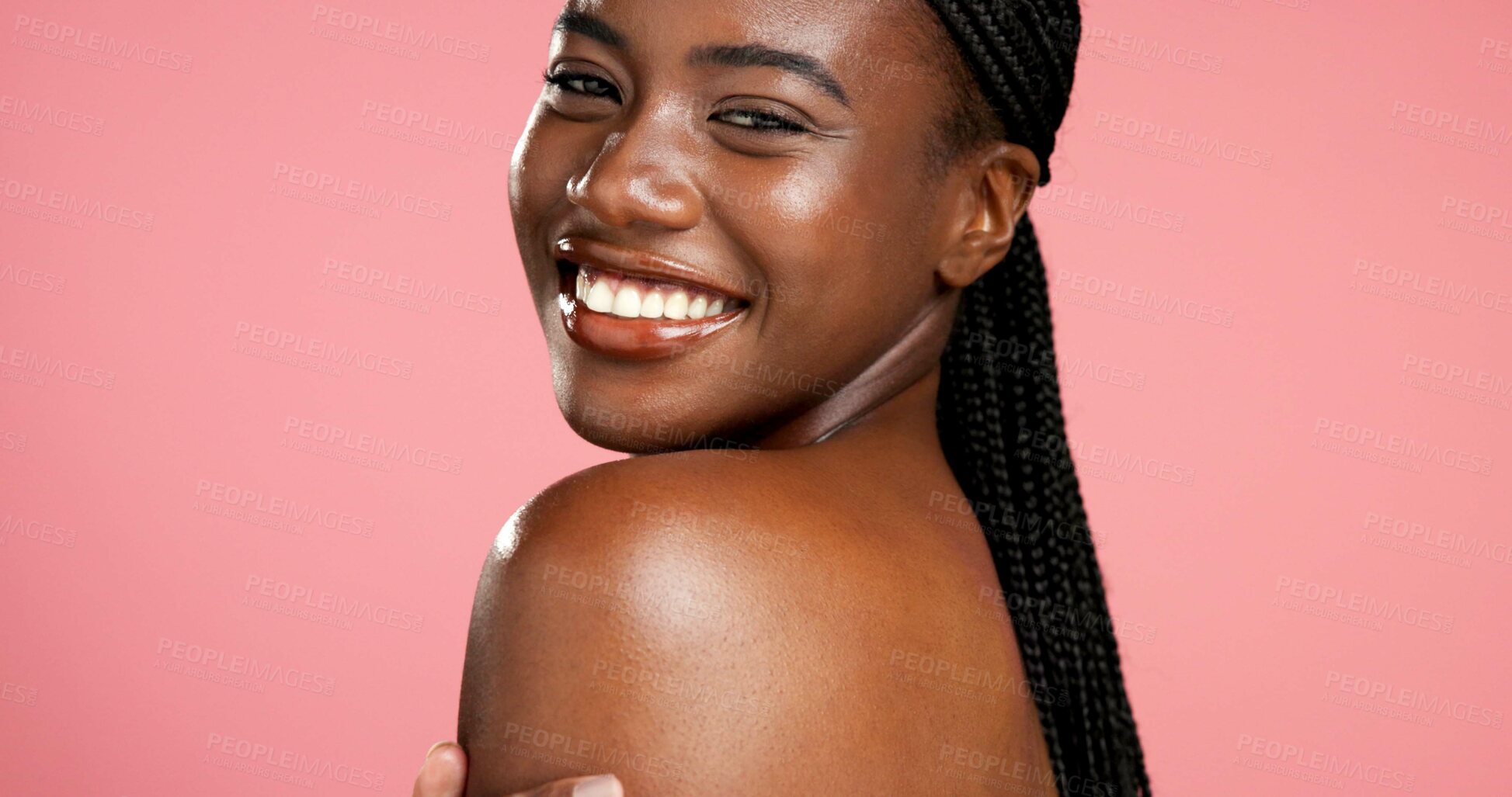 Buy stock photo Portrait, woman and smile for smooth skin, bodycare and self care with cosmetics, wellness or shine. Studio background, happy and glow with skincare for black person, mockup space and dermatology