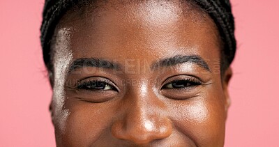 Buy stock photo Portrait, eyes and beauty with happy woman closeup for eyelash treatment, glow or microblading. Face, skincare and African model with natural cosmetics, mascara and vision on pink studio background