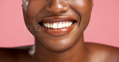 Buy stock photo Beauty, cosmetics and teeth of black woman in studio for dermatology, skin hydration or vitamin C. Smile, skincare and wellness with model person isolated on pink background for facial aesthetic