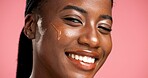 Portrait, facial treatment and black woman with serum, skincare and beauty for healthy skin or glow. Studio background, oil and person with cosmetics for shine, anti aging and wellness for face