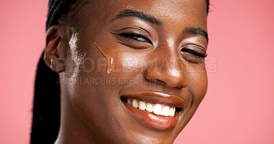 Buy stock photo Portrait, facial treatment and black woman with serum, skincare and beauty for healthy skin or glow. Studio background, oil and person with cosmetics for shine, anti aging and wellness for face