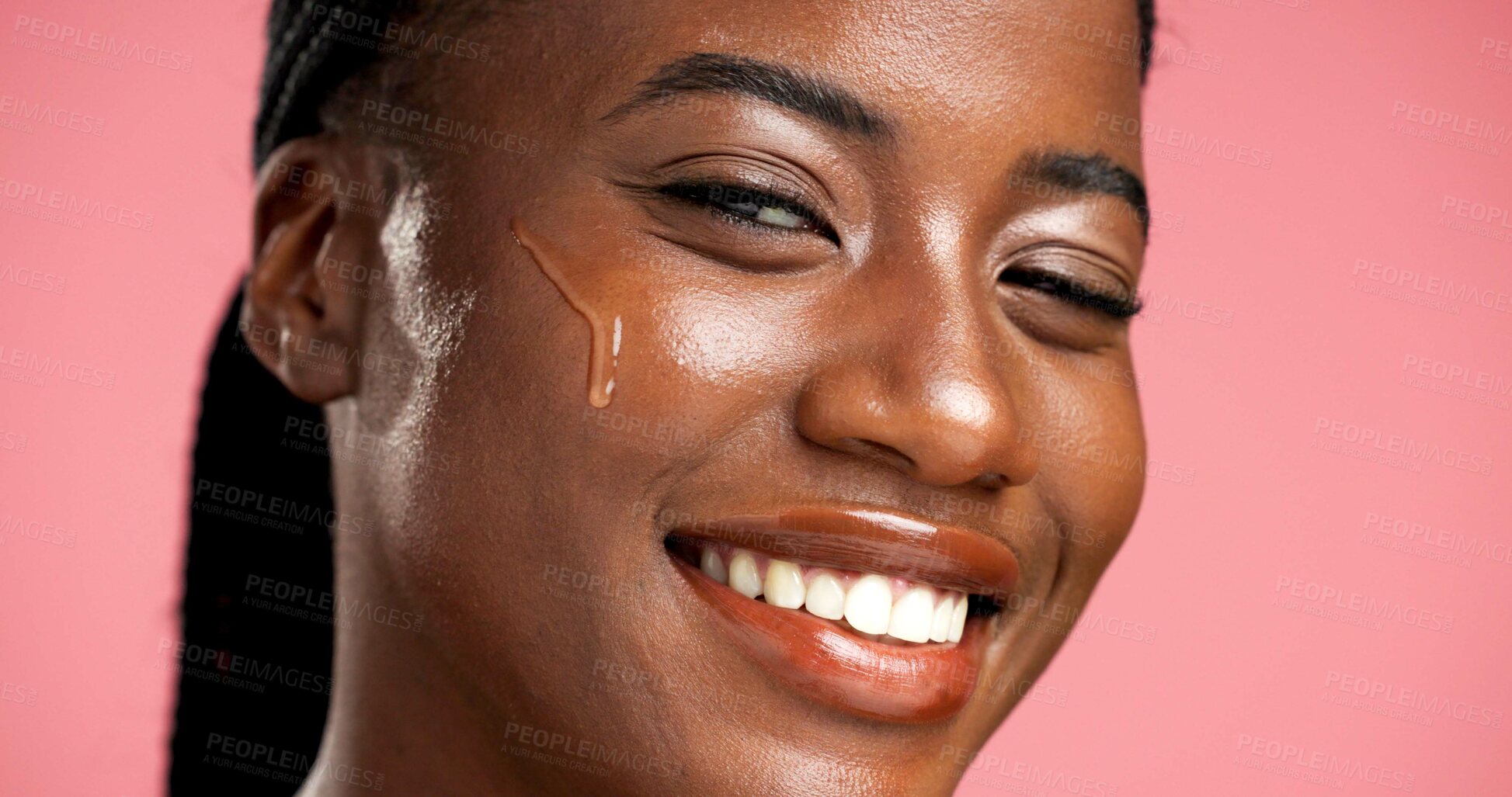 Buy stock photo Portrait, facial treatment and black woman with serum, skincare and beauty for healthy skin or glow. Studio background, oil and person with cosmetics for shine, anti aging and wellness for face