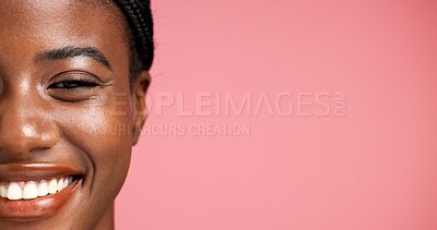 Buy stock photo Space, happy or black woman in portrait with makeup, wellness or skincare with smile. Shine, half face or proud African female person in studio on pink background with confidence, beauty or cosmetics