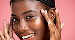 Portrait, woman and happy with skincare in studio for glow, collagen treatment or skin regeneration. Dermatology, black girl and cosmetics results with face shine or natural beauty on pink background
