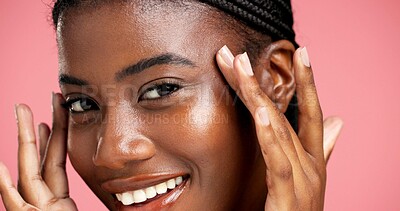 Buy stock photo Portrait, woman and happy with skincare in studio for glow, collagen treatment or skin regeneration. Dermatology, black girl and cosmetics results with face shine or natural beauty on pink background