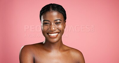 Buy stock photo Portrait, facial treatment and black woman with smile, skincare and glow of healthy skin and beauty. Happy, person and cosmetics for wellness, studio background and shine of face or mockup space