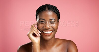 Buy stock photo Portrait, facial treatment and black woman with glow, skincare and beauty of healthy skin and smile. Happy, person and cosmetics for wellness, studio background and shine of face or mockup space