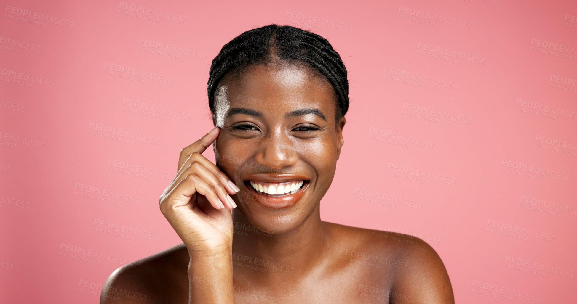 Buy stock photo Portrait, facial treatment and black woman with glow, skincare and beauty of healthy skin and smile. Happy, person and cosmetics for wellness, studio background and shine of face or mockup space