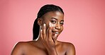 Portrait, cosmetics and black woman with cream, skincare and smile for smooth skin and mockup space. Happy, person and facial treatment for wellness, studio background and lotion for beauty or shine